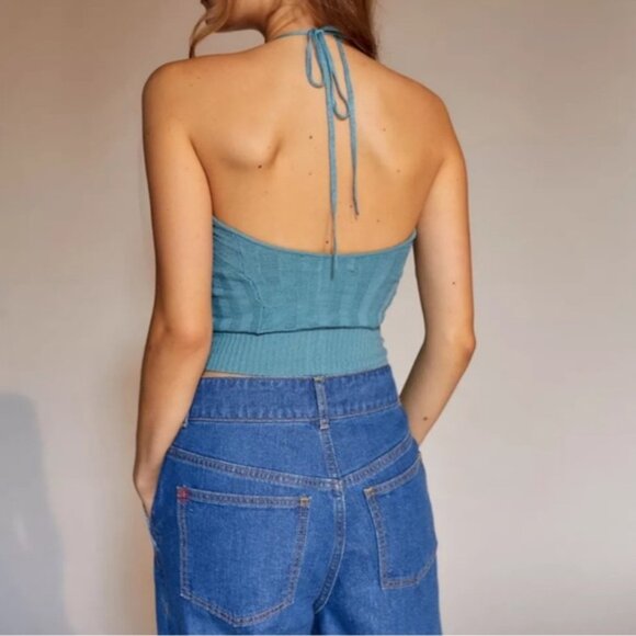Urban Outfitters | Mila Sweater Halter Top Dusty Blue New Medium Versatile Layer - Picture 6 of 9